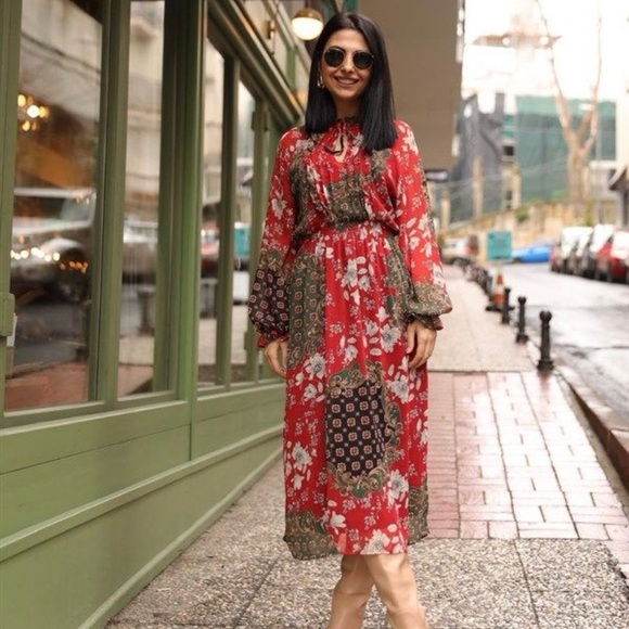 Zara bohemian floral printed metallic thread midi dress red gold - Picture 4 of 15
